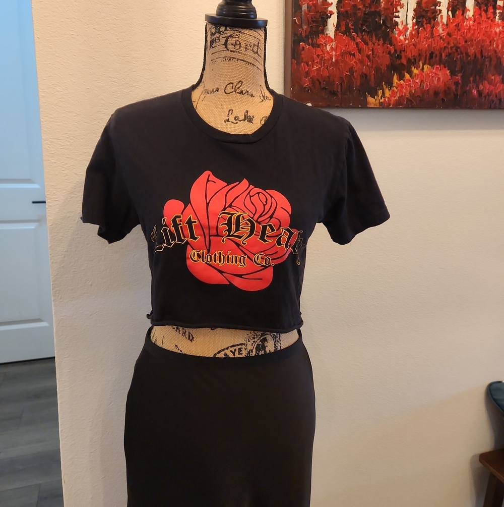 Black Crop Top with Red Rose Graphic